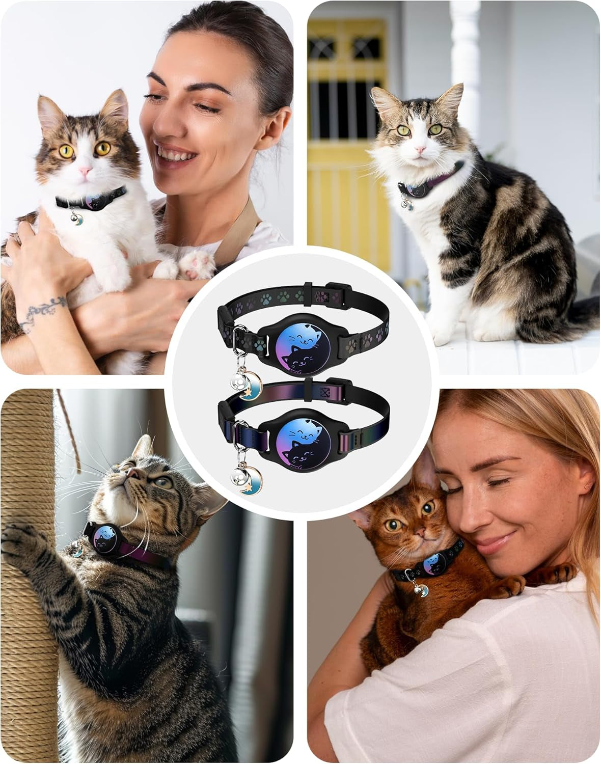 Waterproof Breakaway Cat Collar with AirTag Holder - 2 Pack Adjustable Kitten Collars with Buckle, Bell, and Reflective Design for Cats and Kittens (Black, 8-11")