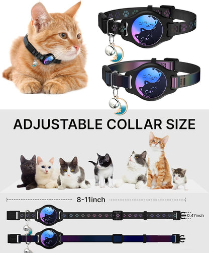 Waterproof Breakaway Cat Collar with AirTag Holder - 2 Pack Adjustable Kitten Collars with Buckle, Bell, and Reflective Design for Cats and Kittens (Black, 8-11")
