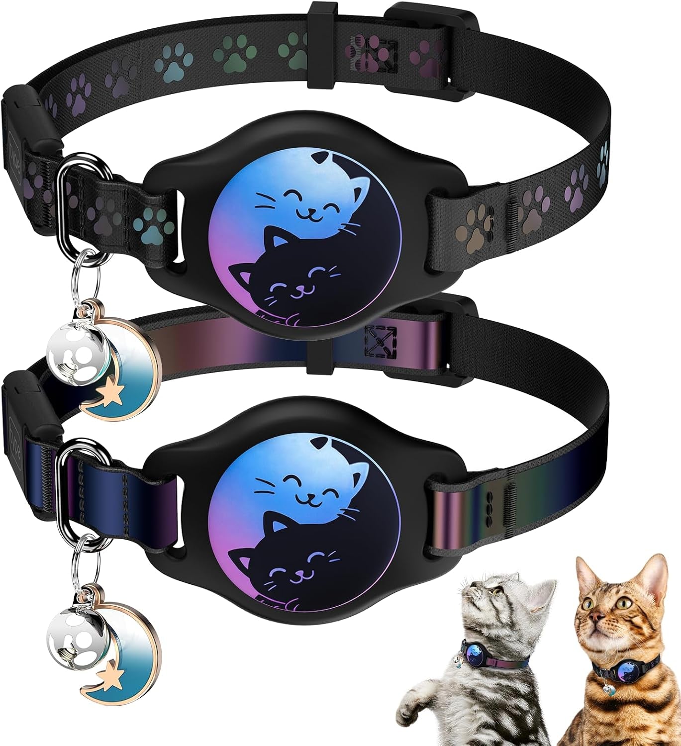 Waterproof Breakaway Cat Collar with AirTag Holder - 2 Pack Adjustable Kitten Collars with Buckle, Bell, and Reflective Design for Cats and Kittens (Black, 8-11")