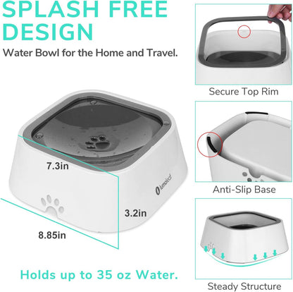 No-Spill Water Bowl for Dogs - Slow Feeder with Drip-Free, Splash-Proof Design (Grey, 35 Oz)