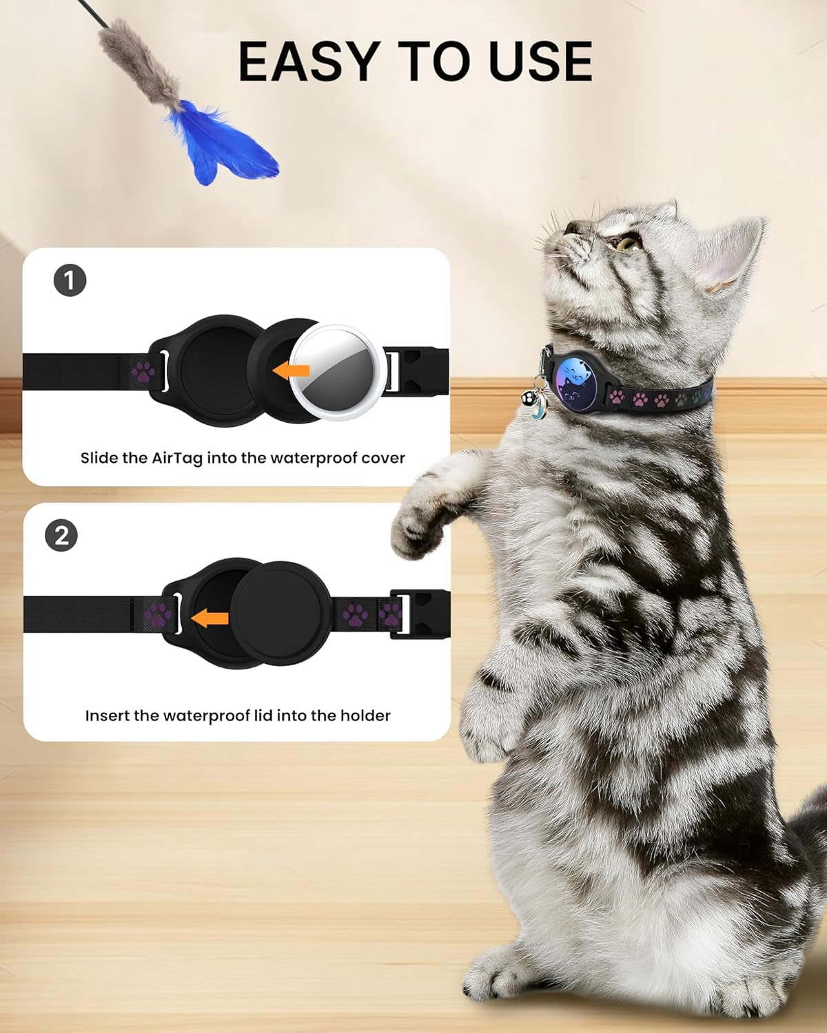 Waterproof Breakaway Cat Collar with AirTag Holder - 2 Pack Adjustable Kitten Collars with Buckle, Bell, and Reflective Design for Cats and Kittens (Black, 8-11")