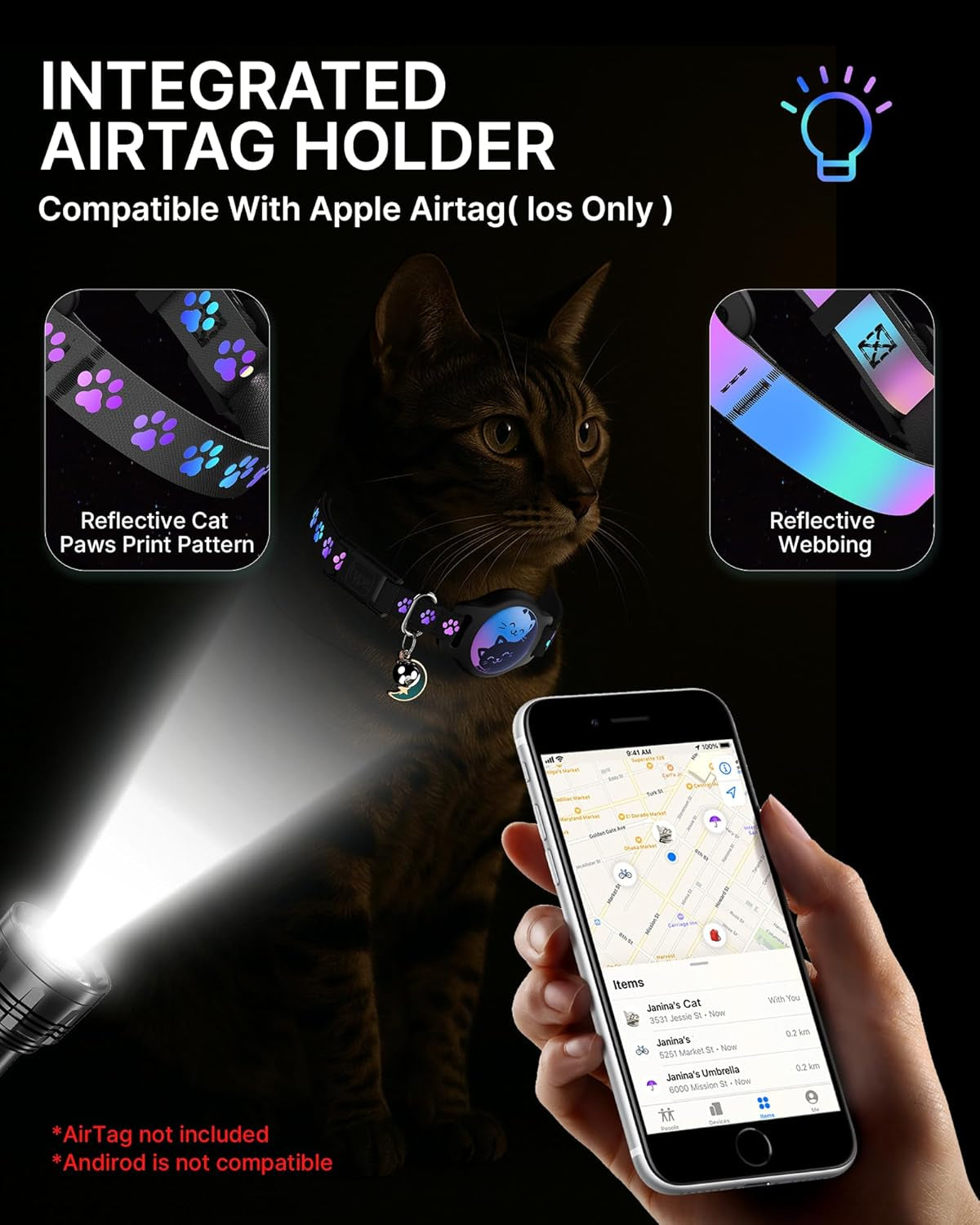 Waterproof Breakaway Cat Collar with AirTag Holder - 2 Pack Adjustable Kitten Collars with Buckle, Bell, and Reflective Design for Cats and Kittens (Black, 8-11")
