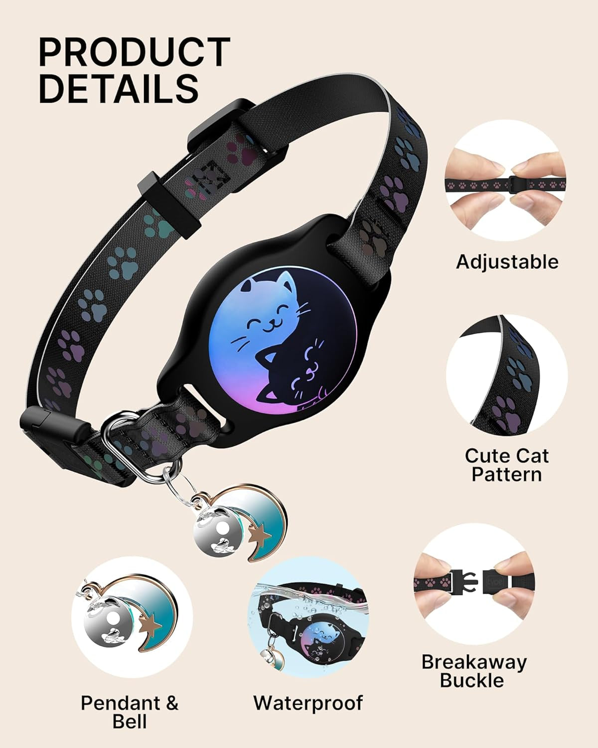 Waterproof Breakaway Cat Collar with AirTag Holder - 2 Pack Adjustable Kitten Collars with Buckle, Bell, and Reflective Design for Cats and Kittens (Black, 8-11")